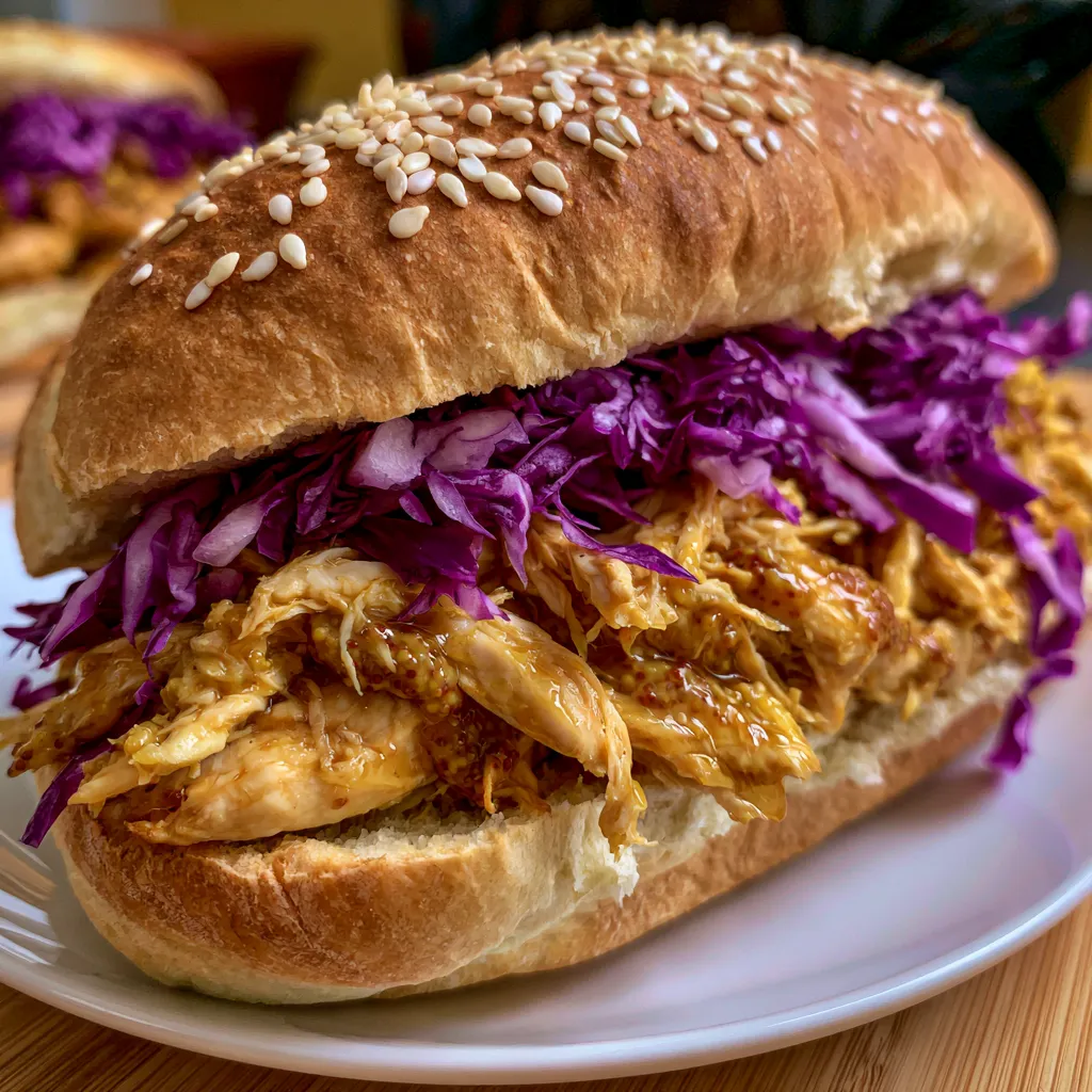 Slow Cooker Honey Mustard Shredded Chicken Sandwich