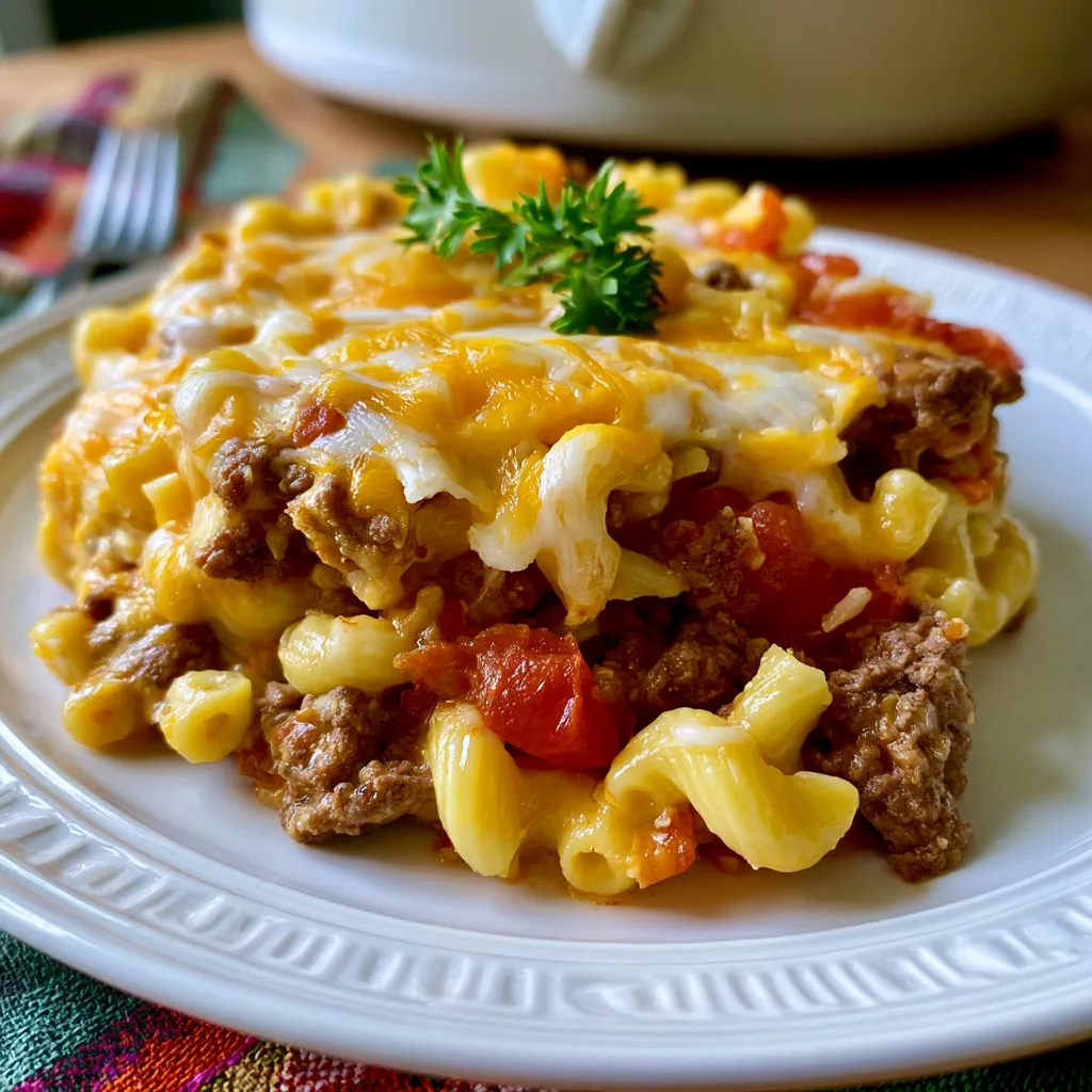 crock pot cheesy beefy mac casserole