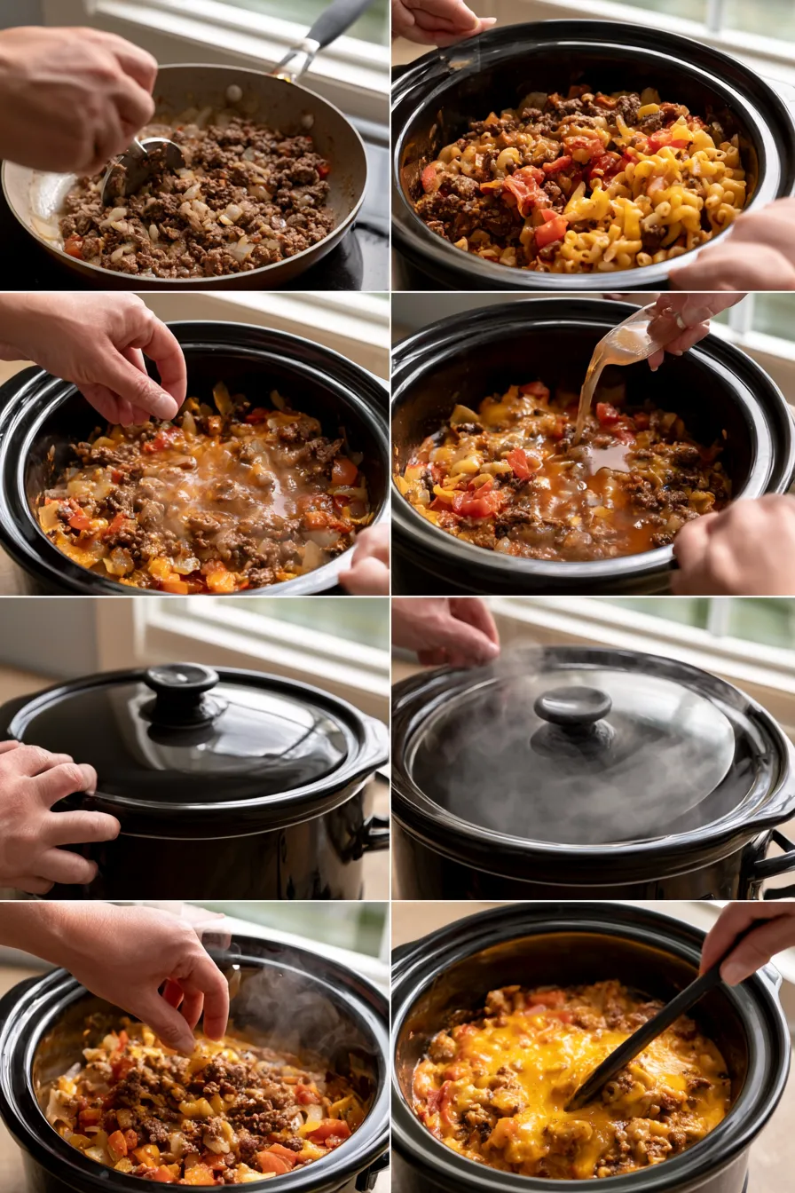 crock pot cheesy beefy mac casserole